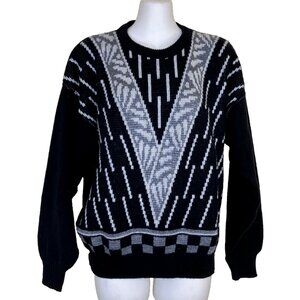 Cooper Black & White Geometric Knit Pullover Sweater Vintage 90s Made in Canada
